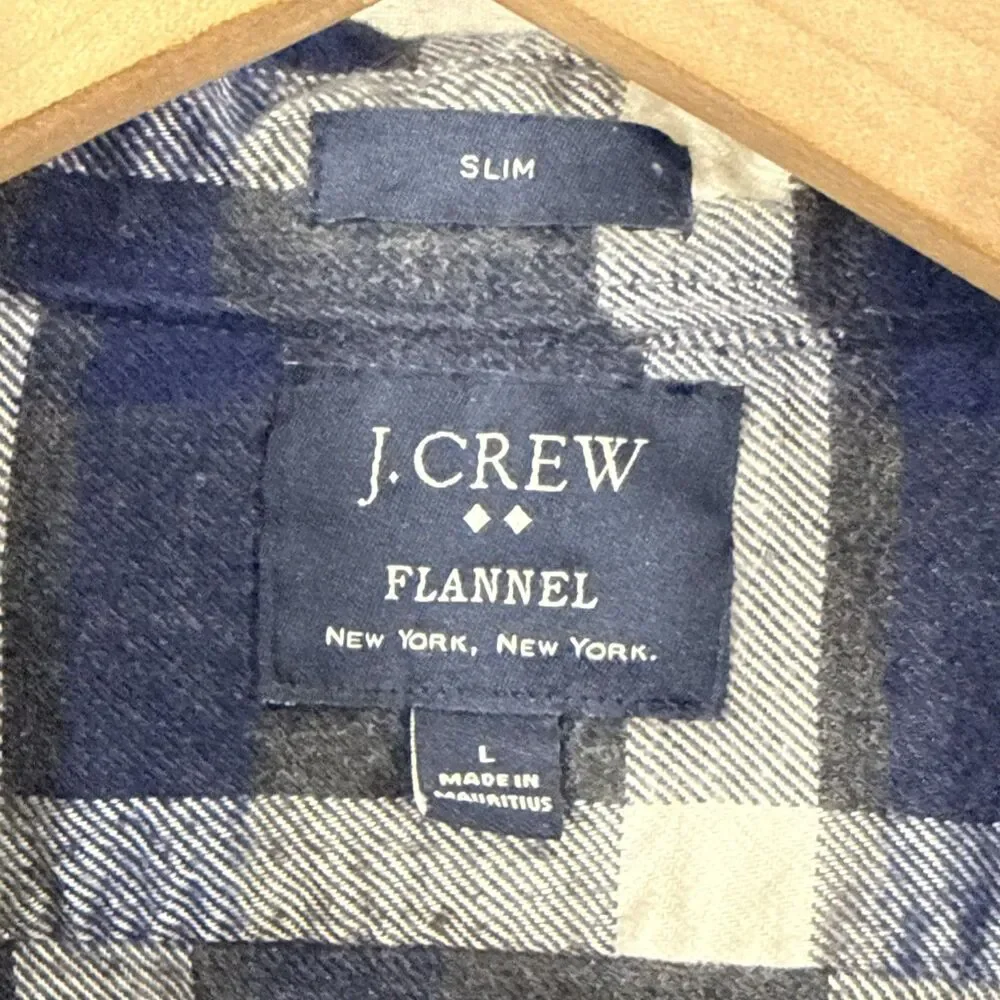 J Crew Slim Fit Flannel Gray Blue Plaid Button Up Shirt Mens L Outdoor Camping